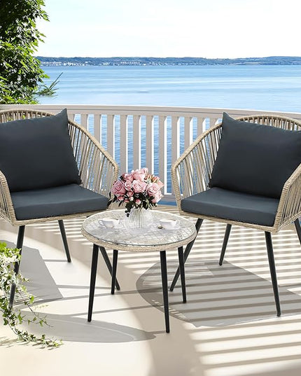 YITAHOME 3-Piece Outdoor Patio Furniture Wicker Bistro Set, All-Weather Rattan Conversation Chairs for Backyard, Balcony and Deck with Soft Cushions, Glass Side Table, Gray Rattan - LeafyLoom