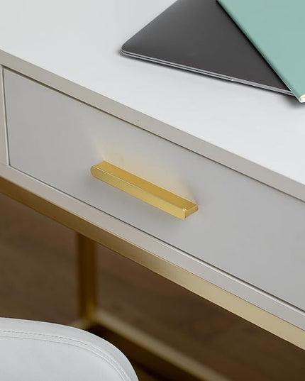 Martha Stewart Ollie Home Office Desk with 3 Drawers in White with Polished Brass Hardware - LeafyLoom