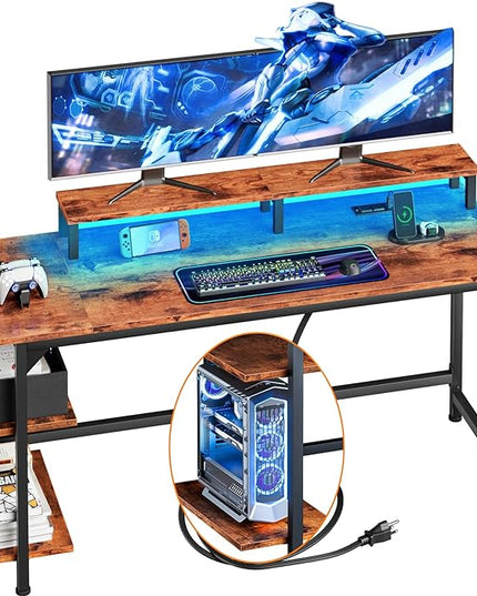 Furologee Computer Desk with Charging Station and LED Lights, 55" Office Gaming Desk with Adjustable Shelves and Fabric Drawer, Study Table with Monitor Stand and Hooks, Rustic Brown - LeafyLoom