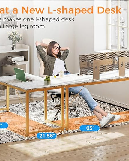 ODK Computer Desk Large Office Desk, 63 Inch Writing Desk with Storage, Modern PC Desk Work Table with Headphone Hook for Home Office, White Marble + Gold Leg - LeafyLoom