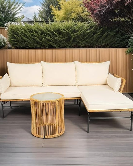3-Piece Outdoor PE Rattan Furniture Set, Patio Wicker Conversation Loveseat Sofa Sectional Couch with Thick Cushion for Backyard, Deck, Poolside, Zn-Light Yellow - LeafyLoom