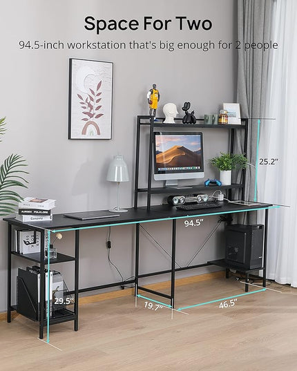 Evajoy L Shaped Computer Desk with Power Outlets and USB Ports, Reversible L-Shaped Corner Gaming Desk with Storage Shelves, 94.5’’ Industrial 2 Person Home Office Desk with Monitor Stand for Home - LeafyLoom