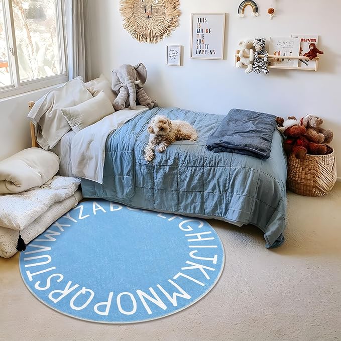 Topotdor Round Kids Play Rug Alphabet Nursery Area Rug Extra Large Soft Crawling Play Mat for Children Toddlers Bedroom (47 inch, Sky Blue) - LeafyLoom