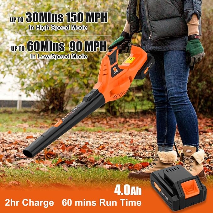 Leaf Blower Cordless,21V Handheld Electric Leaf Blower with 4.0Ah Battery and Charger, 2 Speed Mode, Lightweight Battery Powered Leaf Blower for Lawn Care, Patio, Yard, Sidewalk (Orange) - LeafyLoom