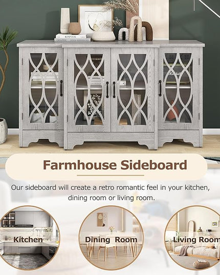 58" Retro Sideboard Glass Door with Curved Line Design,Wood Ample Storage Cabinet,W/Black Handle and Three Adjustable Shelves,for Dining Living Room Entryway,Antique White - LeafyLoom