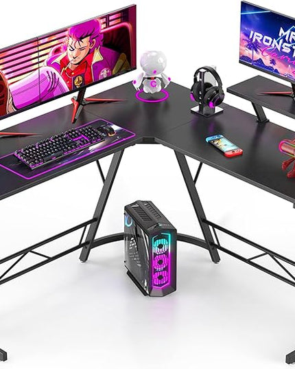 Mr IRONSTONE L Shaped Gaming Desk Corner Computer Desk, Home Office Desks Writing Workstation with Large Monitor Stand, Easy to Assemble (Black,51 Inch) - LeafyLoom