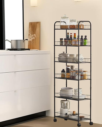 6-Tier Slim Rolling Cart,Narrow Shelving,Kitchens, Bathroom, Garages, Laundry rooms, Offices,10" D x 22.8" W x 61" H - LeafyLoom