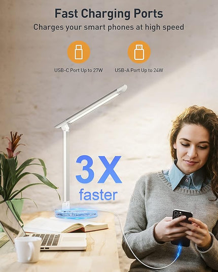 Desk Lamp, Dimmable Desk Light with USB Charging Port, Led Desk Lamp with 10 Brightness Levels & 5 Color Temperature, Touch Control, Adjustable Arm, Eye-Caring for Home Office Bedroom Reading - LeafyLoom