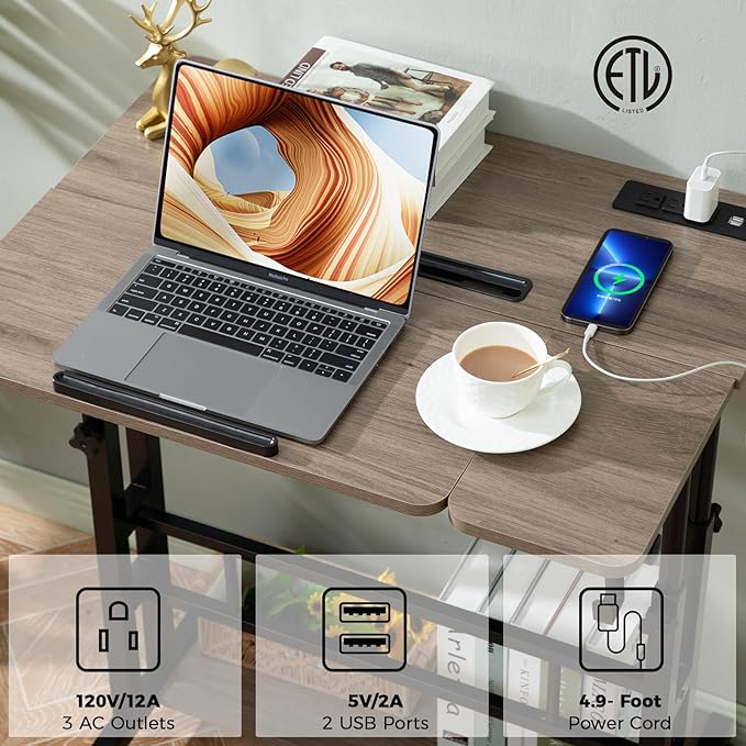 Hadulcet Stand Up Desk, Rolling Desk Adjustable Height, Mobile Standing Desk with Wheels & Charging Station Grey or Rustic Brown - LeafyLoom