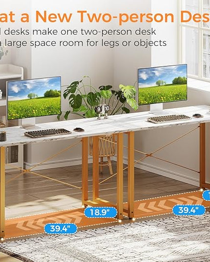 ODK Computer Desk, 40 Inch Small Study Desk, Office Desk with Storage, Work Table with Headphone Hook for Small Space Home Office, White Marble + Gold Leg - LeafyLoom