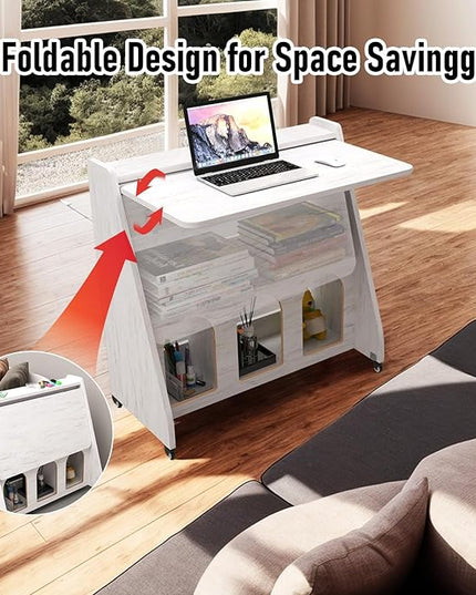 Pmnianhua Farmhouse Portable Desk on Wheels,Mobile Workstation,Rolling Computer Desk with Wheels and Storage for Home Office Small Space(white) - LeafyLoom