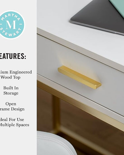 Martha Stewart Ollie Home Office Desk with 3 Drawers in White with Polished Brass Hardware - LeafyLoom