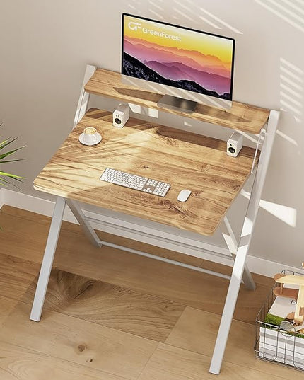 GreenForest Folding Desk No Assembly Required Small Size, 2-Tier Foldable Computer Desk with Shelf for Home Office, Space Saving Portable Laptop Study Foldable Table for Small Spaces, Oak - LeafyLoom