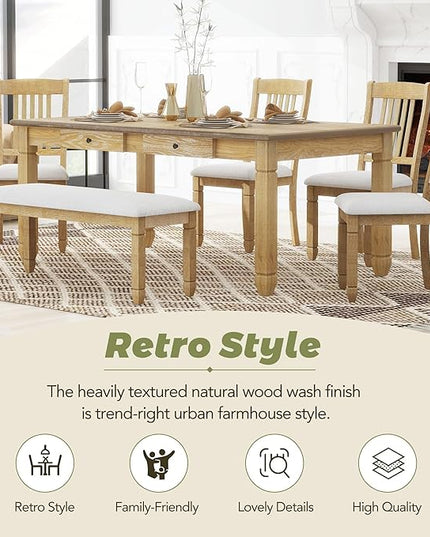 6-Piece Modern Dining Set, Include 72'L Solid Wood Table with 4 Drawers, Upholstered Chairs & Bench, for Kitchen, Living Room, Stable Frame and a Long Lifespan, Natural+Light Gray - LeafyLoom