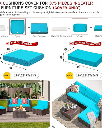ClawsCover 7Pack Outdoor Seat and Back Cushions Replacement Covers Fit for 3/5 Pieces 4-Seater Wicker Rattan Patio Furniture Conversation Set Sectional Couch,Turquoise-Small (Include Cover Only) - LeafyLoom