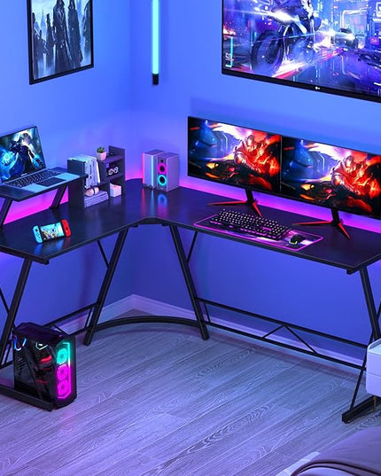 Mr IRONSTONE 63" L Shaped Computer Desk, Corner Desk, Home Office Desk, Gaming Writing Workstation with Large Monitor Stand, Easy to Assemble, Black Willow - LeafyLoom