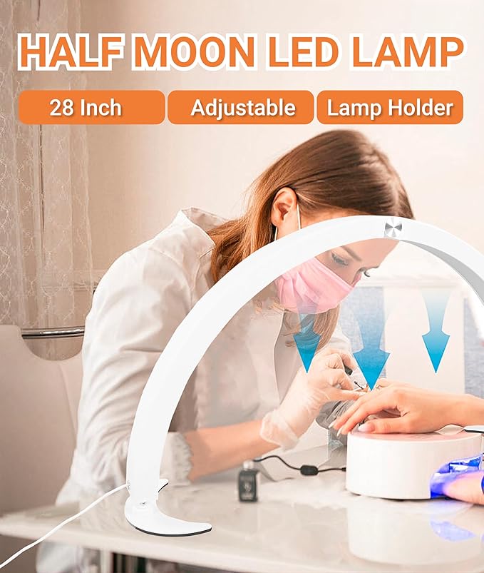 Jectse Half Moon Desk Lamp, 28 Inch Nail Desk Lamp LED Half Moon Light Nail Light with 10 Brightness and 7 Colors, Dimmable Half Moon Lamp for Nails Lash Extension Tattoo (US Plug) - LeafyLoom