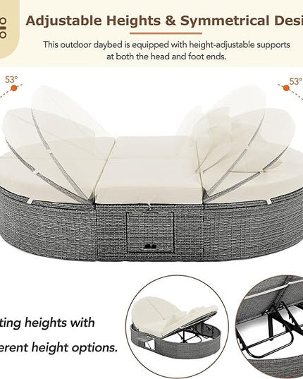 Outdoor DayBed Patio 2-Person Rattan Sun Bed Reclining Chaise Lounge with Adjustable Backrests, Foldable Cup Trays and Pillows, for Lawn,Poolside, Beige - LeafyLoom