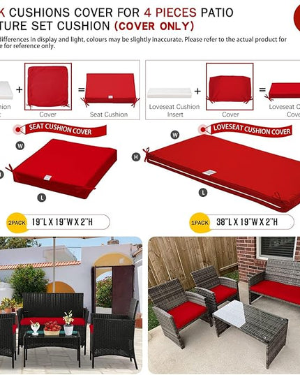 ClawsCover 3Pack Outdoor Seat Cushions Replacement Covers Fit for 4 Pieces Wicker Rattan Furniture Patio Conversation Set Loveseat Chair,38x19x2,19x19x2,Red-Large (Include Cover Only) - LeafyLoom