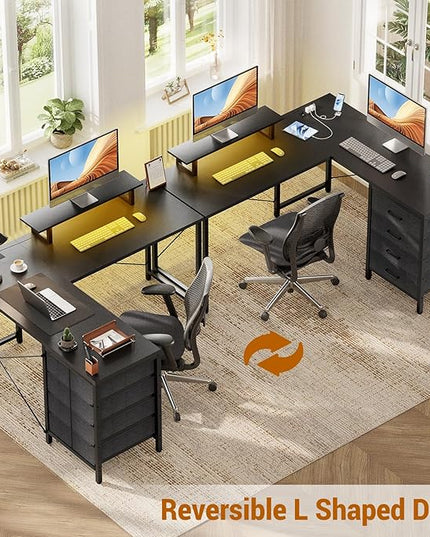 Homieasy L Shaped Desk with Drawers & Power Outlets, Reversible Computer Desk with LED Light and Monitor Stand, 50 Inch Home Office Gaming Work Study Desk with 4 Storage Drawers, Black - LeafyLoom