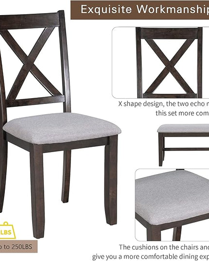 Kitchen 6-Piece Wooden Foldable Dining Table Set with Bench and 4 Padded Chairs, Space-Saving, Espresso - LeafyLoom