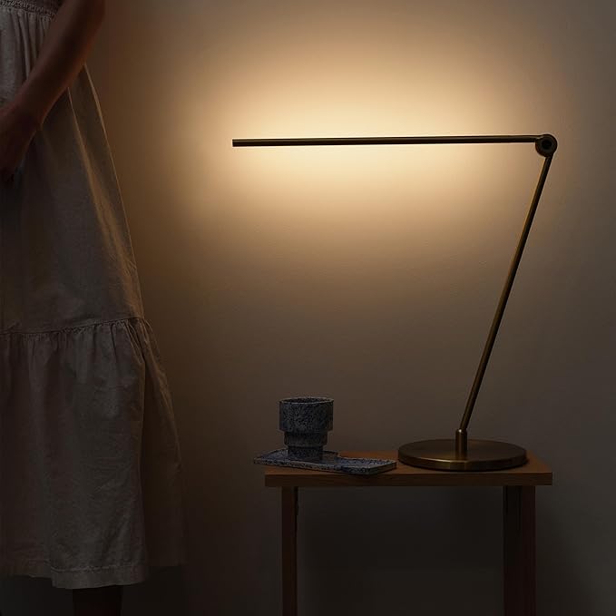 Brightech Libra LED Table Lamp - Contemporary Minimalist Thin Compact Desk Lamp - Adjustable Pivoting LED Head with Built-in Dimmer and Color Changing LED - Brass - LeafyLoom