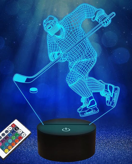 Hockey Night Light, Ice Hockey Player 3D Illusion Lamp for Boys Room Decor with Remote + Touch 16 Colors Flashing Changing Desk Lamps for Kids Sport Fans Birthday Xmas Cool Gifts - LeafyLoom