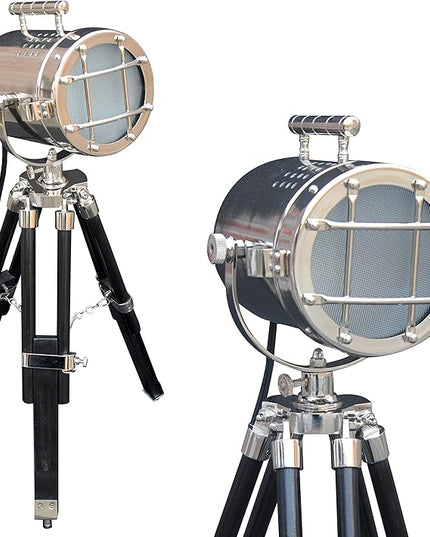 collectiblesBuy Vintage Mini Studio Spotlight Nautical Tripod Standing Desk Lamp with Adjustable Black Wooden Stand - LeafyLoom
