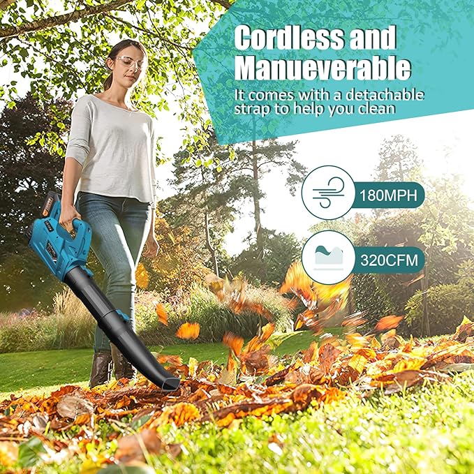 Leaf Blower - 320CFM 180MPH 21V Leaf Blower Cordless with 2 X 5.0 Ah Battery & Charger, Electric Leaf Blower Battery Powered Leaf Blower Lightweight for Snow Blowing & Lawn Care Yard Cleaning - LeafyLoom