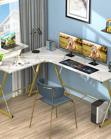 Mr IRONSTONE 63" L Shaped Gaming Desk, Corner Computer Desk, Home Office Writing Desk with Sturdy Monitor Shelf, Spacious L Shaped Desk Workstation, Easy to Assemble, Laminate Marble - LeafyLoom