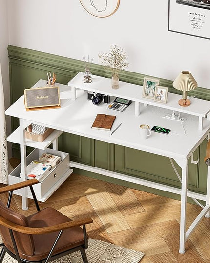 Furologee White Gaming Desk with Charging Station and LED Lights, 55" Office Computer Desk with Reversible Shelves and Fabric Drawer, Study Table with Monitor Stand and 2 Hooks for Home Office - LeafyLoom