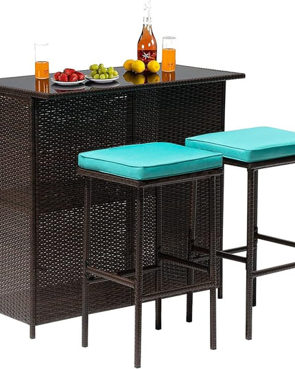 FDW 3PCS Patio Bar Set Outdoor Furniture Set Wicker Bistro Set with Two Stools for Patio Backyard Balcony,Blue Cushion - LeafyLoom