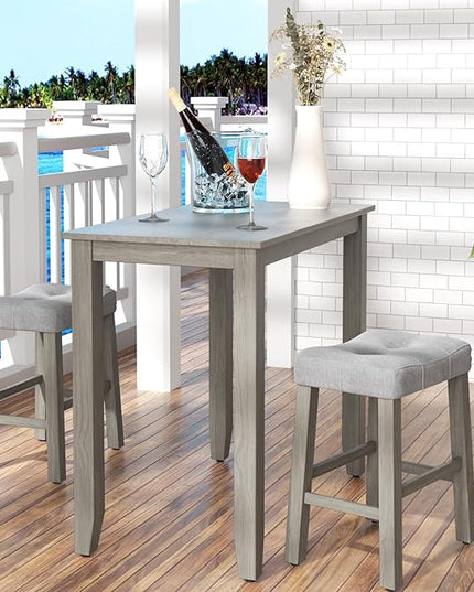 Nathaniel Home 3 Piece Table Set Counter Height Dining Furniture One Bench and Two Saddle Stools, Gray - LeafyLoom