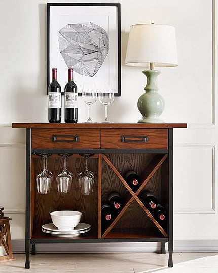 Leick Home 11240 Ironcraft Rustic One Drawer Mini-bar/Wine Stand with Glass and Bottle Storage, Mission Oak, 16 x 36 x 30 - LeafyLoom
