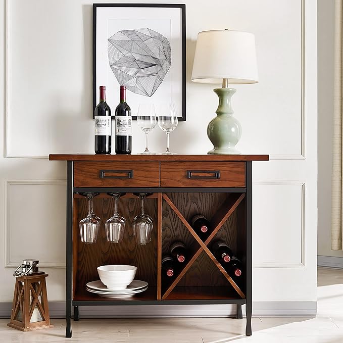 Leick Home 11240 Ironcraft Rustic One Drawer Mini-bar/Wine Stand with Glass and Bottle Storage, Mission Oak, 16 x 36 x 30 - LeafyLoom