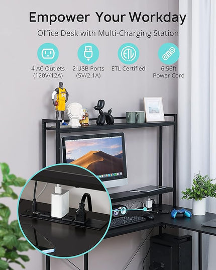 Evajoy L Shaped Computer Desk with Power Outlets and USB Ports, Reversible L-Shaped Corner Gaming Desk with Storage Shelves, 94.5’’ Industrial 2 Person Home Office Desk with Monitor Stand for Home - LeafyLoom