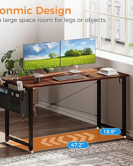 ODK Computer Desk Large Office Desk, 48 Inch Gaming Desk with Storage, Modern PC Desk Work Table with Headphone Hook for Home Office, Deep Brown - LeafyLoom