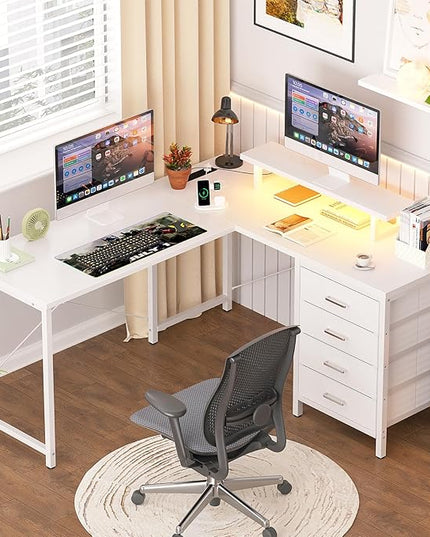 Homieasy L Shaped Desk with Drawers & Power Outlets, Reversible Computer Desk with LED Light and Monitor Stand, 50 Inch Home Office Gaming Work Study Desk with 4 Storage Drawers, White - LeafyLoom