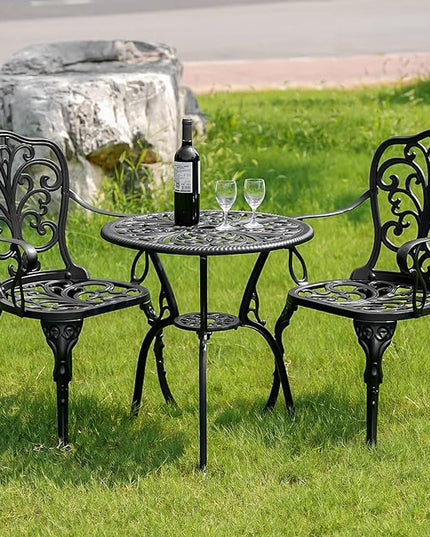 Bistro Table and Chairs Set of 2, Cast Aluminum Patio Furniture, Outdoor Bistro Set 3 Piece with Umbrella Hole for Balcony Porch Yard - LeafyLoom