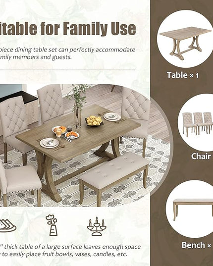 Retro Rustic Table, 6 Piece Farmhouse, Rectangular TrestleTable and Bench&4 Upholstered Chairs, Wooden Kitchen Furniture Set for Dining Room, Wood - LeafyLoom