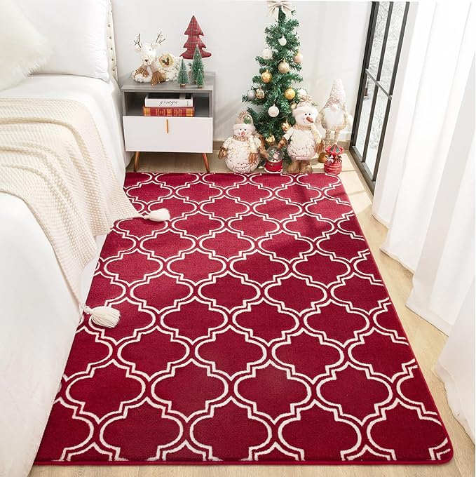 Chicrug Shag Geometric 7x10 Area Rug for Living Room, Large Modern Memory Foam Indoor Carpet, Fluffy Rug for Bedroom Bedside Room Decor for Family Girls Kids Nursery, Wine Red/White - LeafyLoom