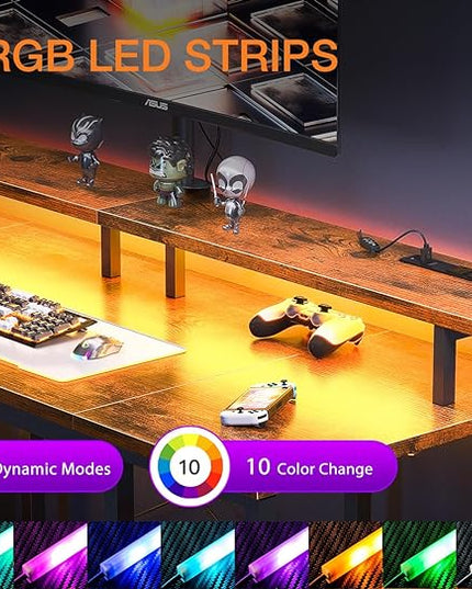 ODK 48 inch Gaming Desk with LED Lights & Power Outlets, Computer Desk with Monitor Stand & Storage Sheves, CPU Stand, Home Office Desk, Vintage - LeafyLoom