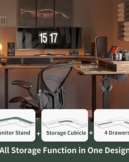 FEZIBO 63" L Shaped Standing Desk with 4 Drawers, Electric Standing Gaming Desk Adjustable Height, Corner Stand up Desk with Splice Board, Black Frame/Rustic Brown Top - LeafyLoom