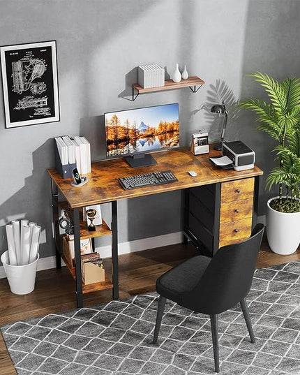 Lufeiya 47 inch Computer Desk with 4 Drawers & Storage Shelves, Writing Work Study Desk for Home Office Bedroom, Modern Simple Student PC Desks Table, Rustic Brown - LeafyLoom