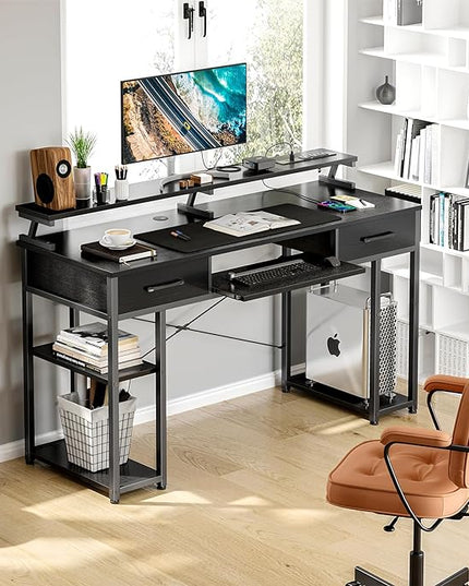 ODK Computer Desk with Drawers & Power Outlet, 48 Inch Office Desk with Keyboard Tray & Storage Shelves & PC Stand, Office Table Work Desk with Monitor Stand, Black - LeafyLoom