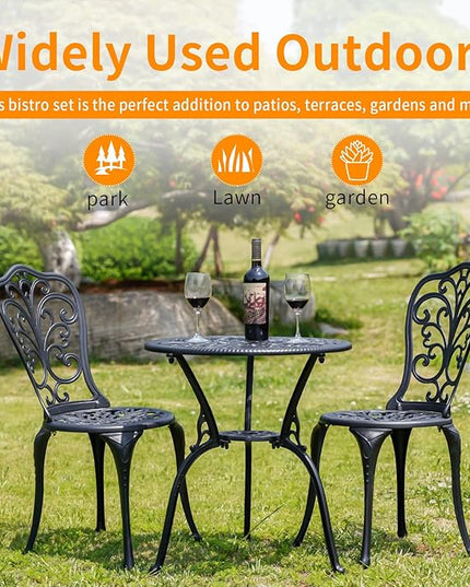 Patio Bistro Set 3 Piece Outdoor,Cast Aluminum Outdoor Bistro Table and Chair Set of 2 with 1.97" Umbrella Hole,All Weather Metal Bistro Table Set for Front Porch Set(Butterfly Black) - LeafyLoom
