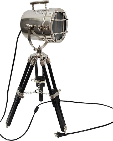 collectiblesBuy Vintage Mini Studio Spotlight Nautical Tripod Standing Desk Lamp with Adjustable Black Wooden Stand - LeafyLoom
