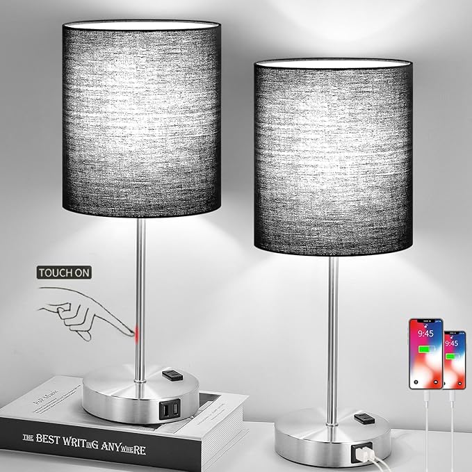 Lynnoland ๐ฎ๐ฌ๐ฎ๐ฏ ๐ก๐๐ช Set of 2 Touch Control Table Lamps with 2 USB & AC Outlet, 3-Way Dimmable Bedside Nightstand Lamps for Bedroom Living Room Nursery, 800 Lumens 5000K Daylight Bulbs Included - LeafyLoom