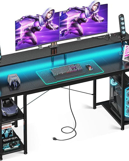 ODK 63 inch Computer Desk with Power Outlets & LED Lights, Gaming Desk with Monitor Stand & Storage Sheves, Home Office Desk, Carbon Fiber Black - LeafyLoom