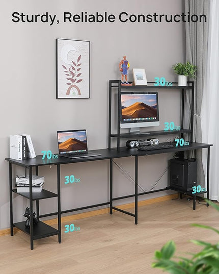 Evajoy L Shaped Computer Desk with Power Outlets and USB Ports, Reversible L-Shaped Corner Gaming Desk with Storage Shelves, 94.5’’ Industrial 2 Person Home Office Desk with Monitor Stand for Home - LeafyLoom